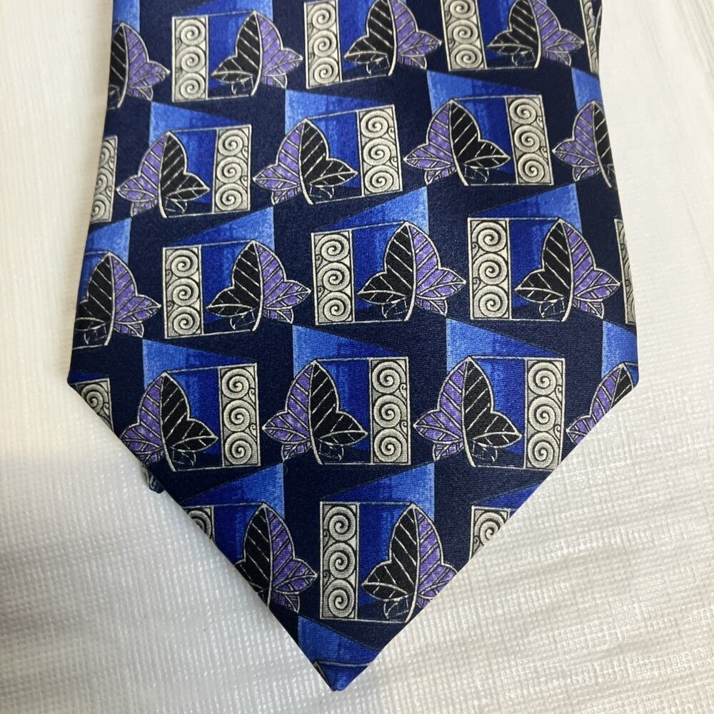 Lanvin Paris Mens Silk Tie Blue Purple Geometric Leaf‎ Made in France Designer